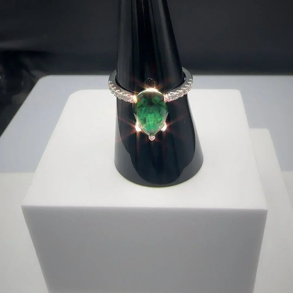 Sterling Silver Ring With Pear-Cut Green Gemstone & Pave Accent Stones